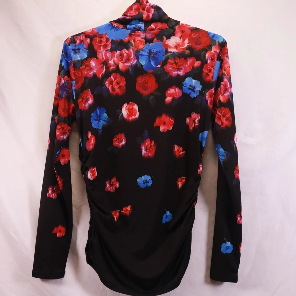 Boston Proper Womens S Floral Print Turtleneck‎ Ruched Long Sleeve Stretch Pink - Picture 2 of 4
